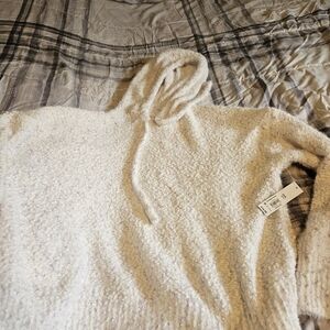 Cozy White Hooded Sweater Purple Accents